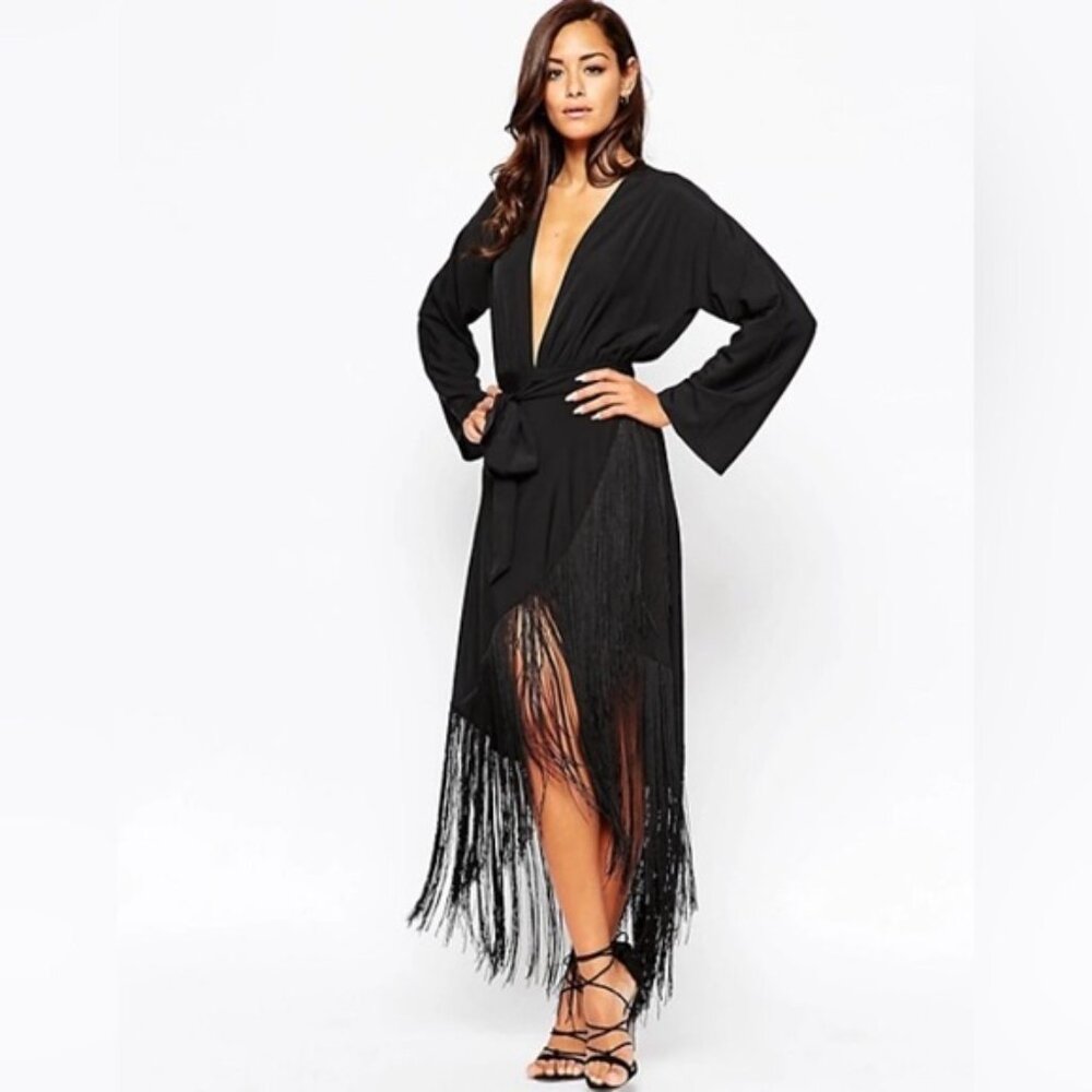 Kimono Plunge Fringe Maxi Dress- Size 12 - Picture 2 of 5